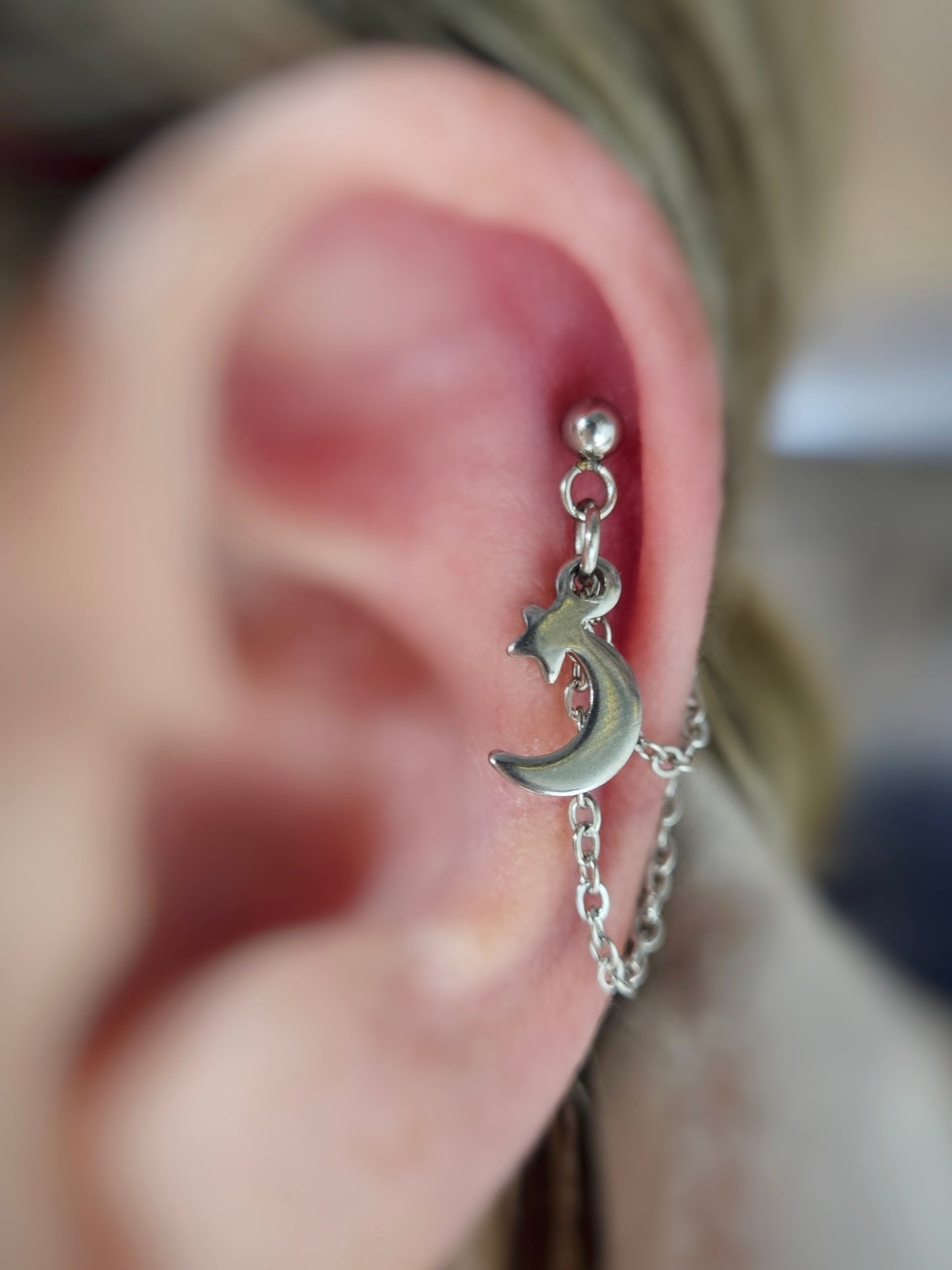 Moon and Star Charm Stainless Steel Cartilage Earring