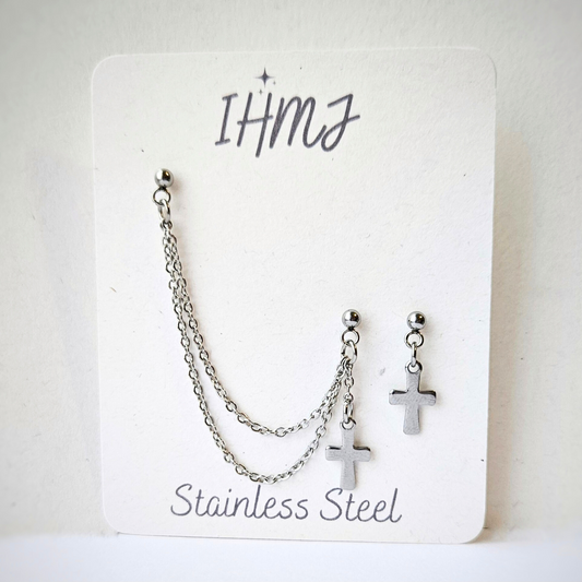 Cross Charm Cartilage Earring Stainless Steel Double Chain to Lobe