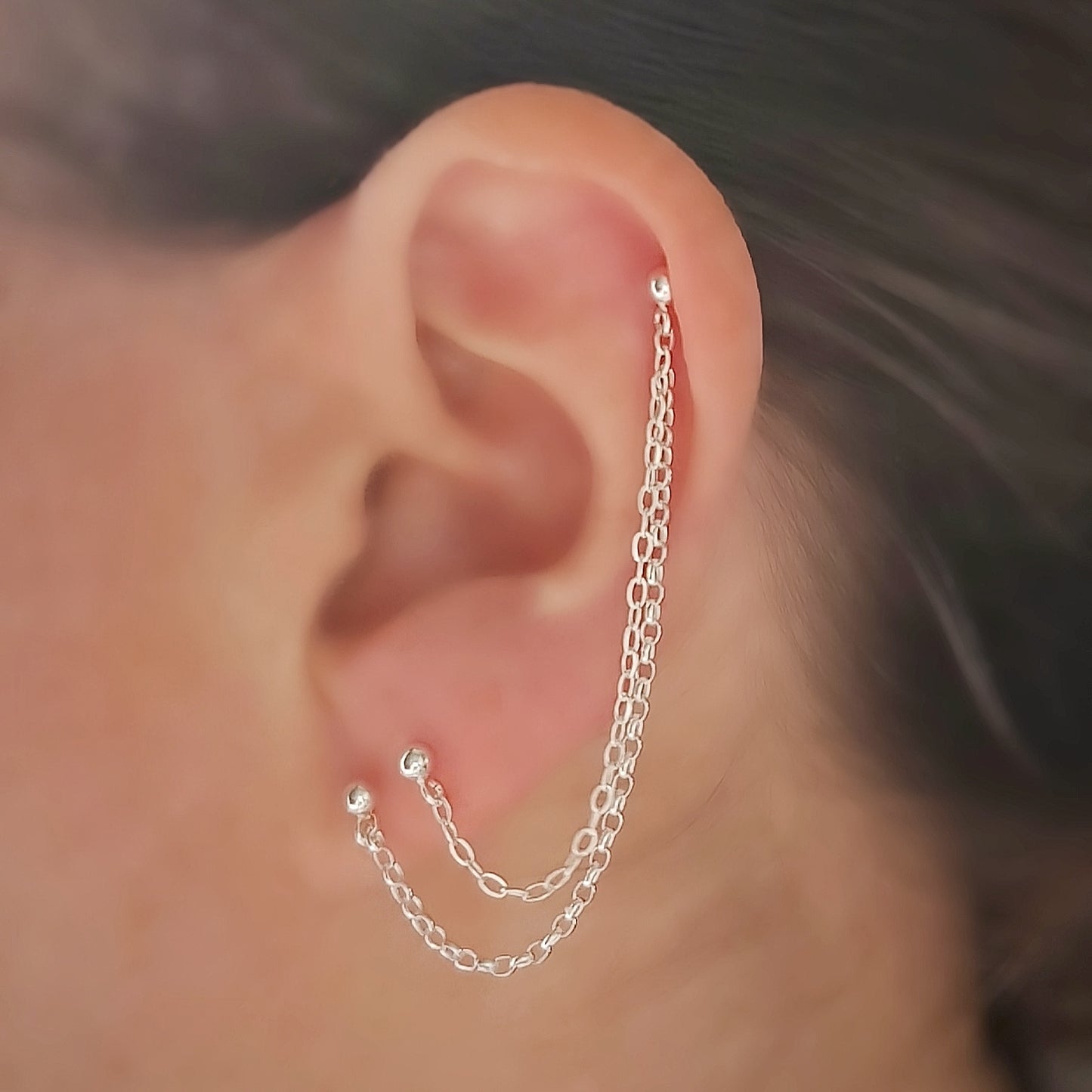 Triple Piercing Helix to Double Lobe Chain Earring. Sterling Silver
