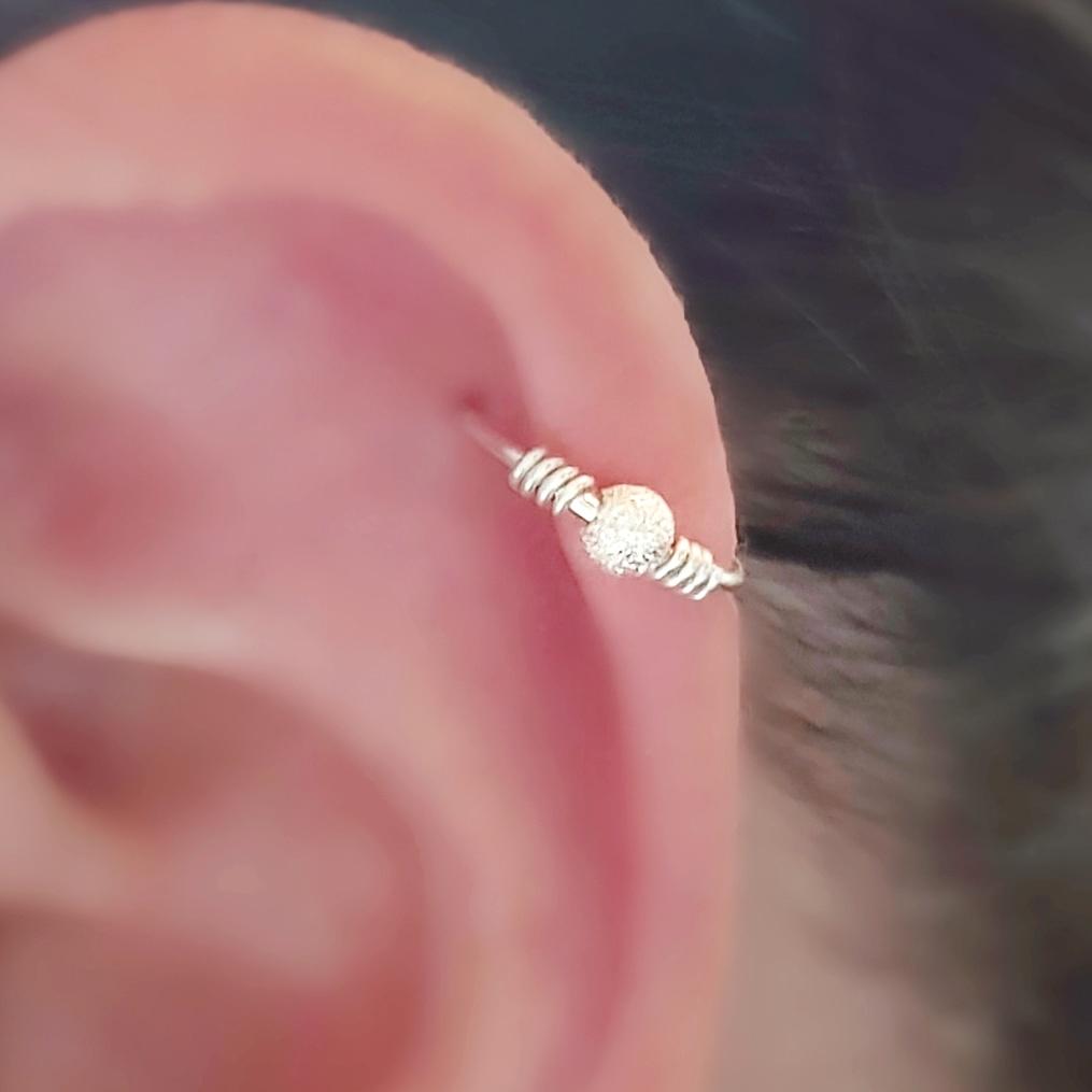 Sterling Silver 925 Cartilage Seamless Hoop Earring Nose Ring with Sparkly Bead. 18g 20g 8mm or 10mm