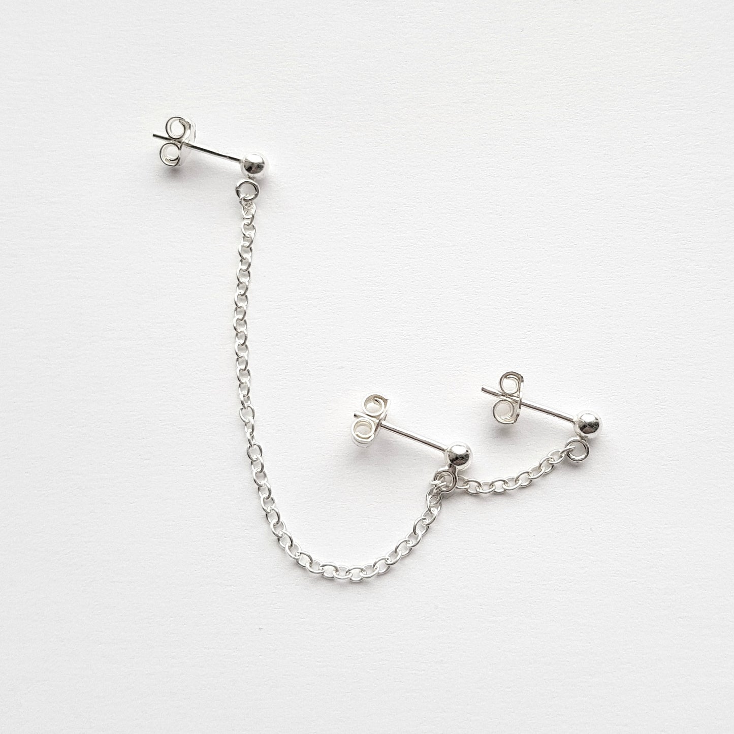 Sterling Silver Helix Cartilage to Double Lobe Earring. Triple Stud. Double Chain.