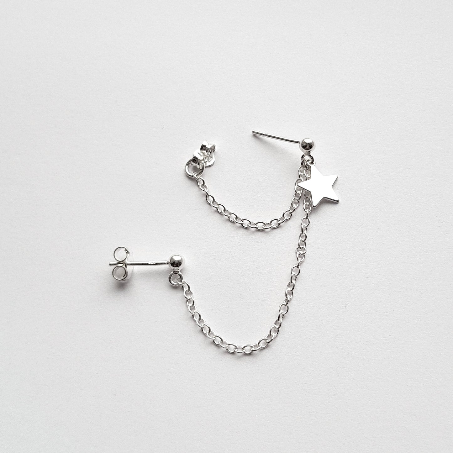 Sterling Silver Star Charm Helix Cartilage to Lobe Double Chain Double Piercing Earring.