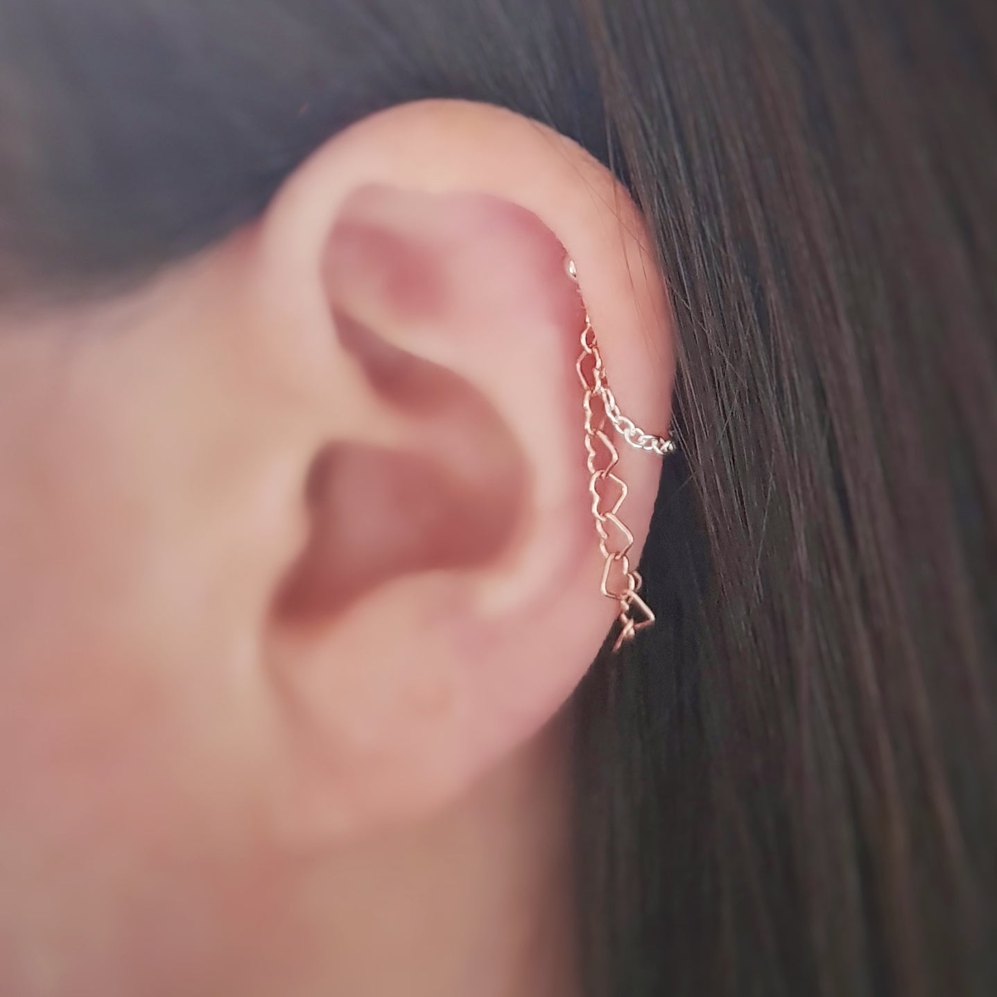 Silver rose gold heart chain earring helix cartilage