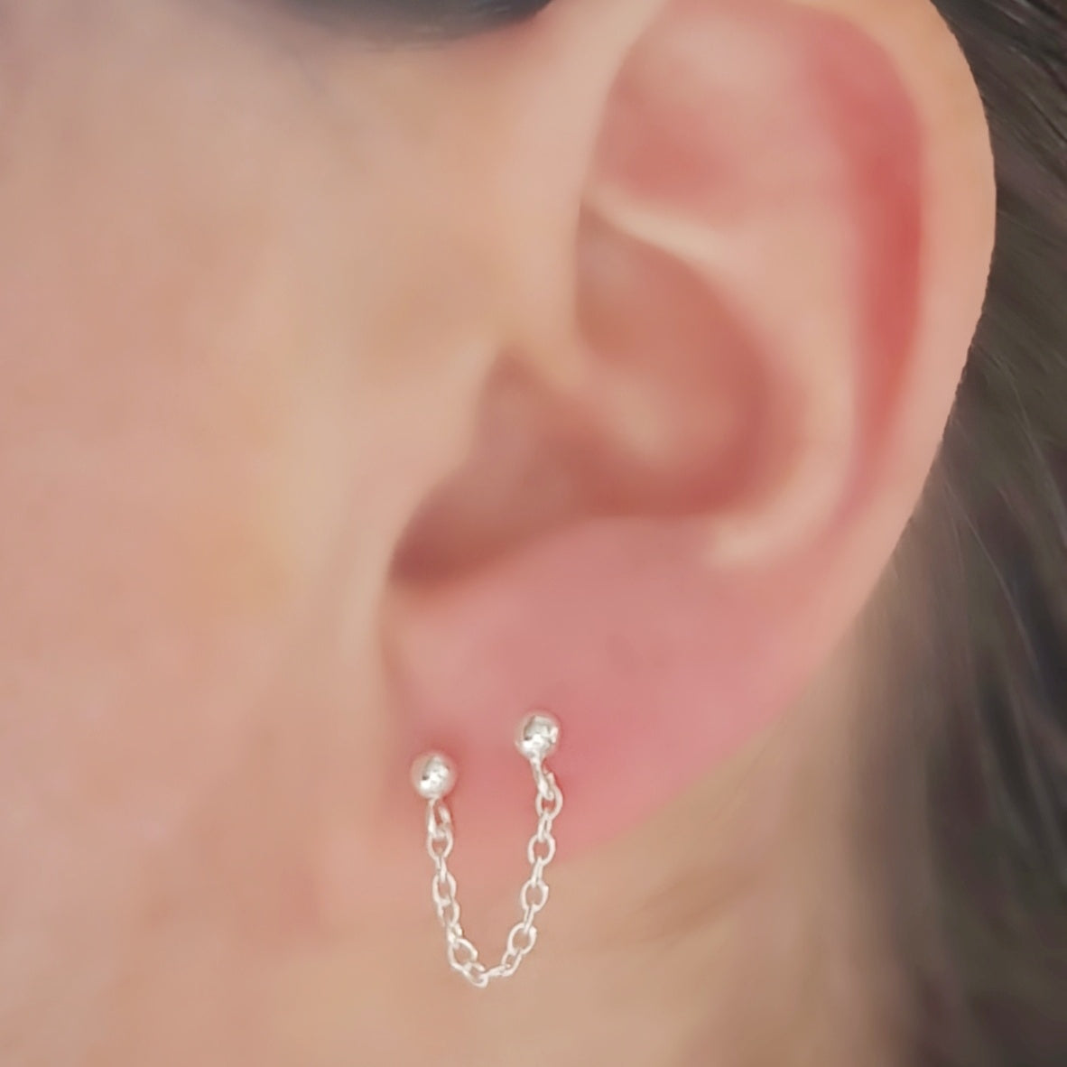 Sterling Silver Double Lobe Chain Earring. Connected Earring Single Earring.