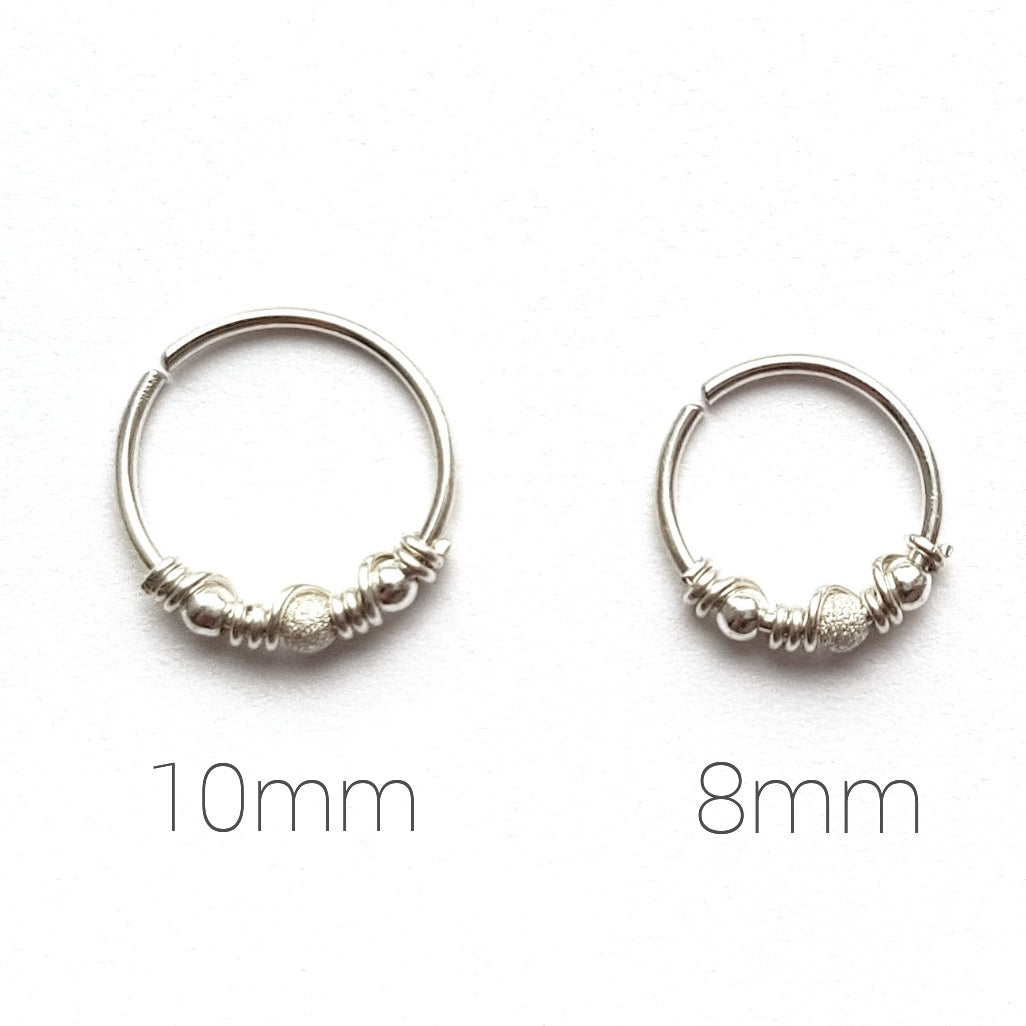 Sterling Silver Cartilage Seamless Hoop Earring with Silver and Sparkly Beads. 8mm or 10mm