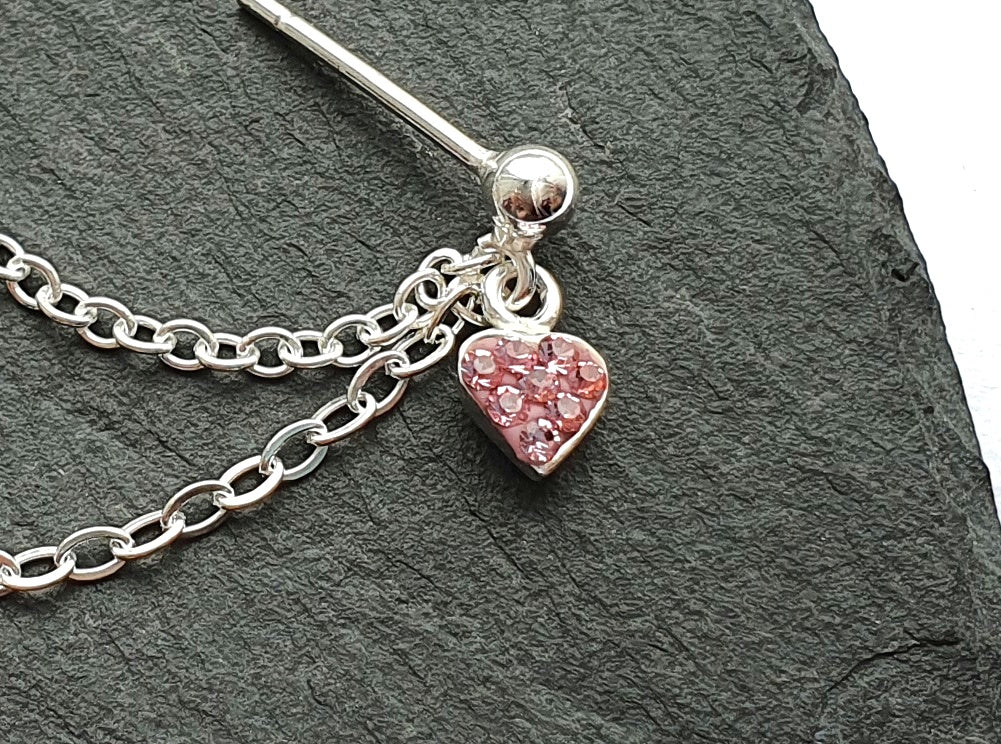 Sterling Silver Pink or Clear Heart Helix Cartilage Earring. Single Earring