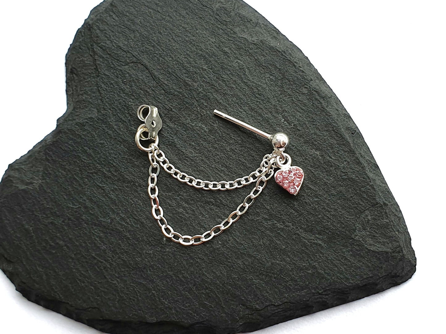 Sterling Silver Pink or Clear Heart Helix Cartilage Earring. Single Earring