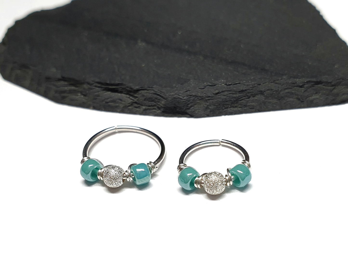 Sterling Silver 20g Beaded Helix Cartilage Nose Seamless Hoop Earring. Turquoise Beads. 8mm 10mm