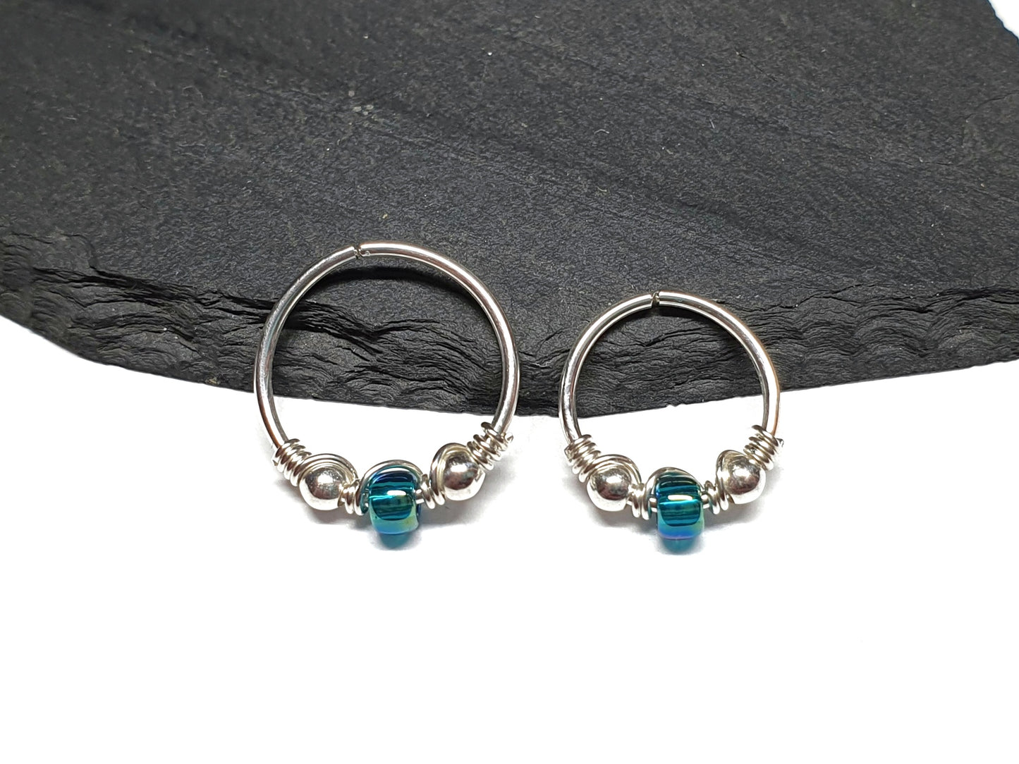 Sterling Silver 20g Beaded Helix Cartilage Nose Seamless Hoop Earring. Rainbow Teal. 8mm or 10mm