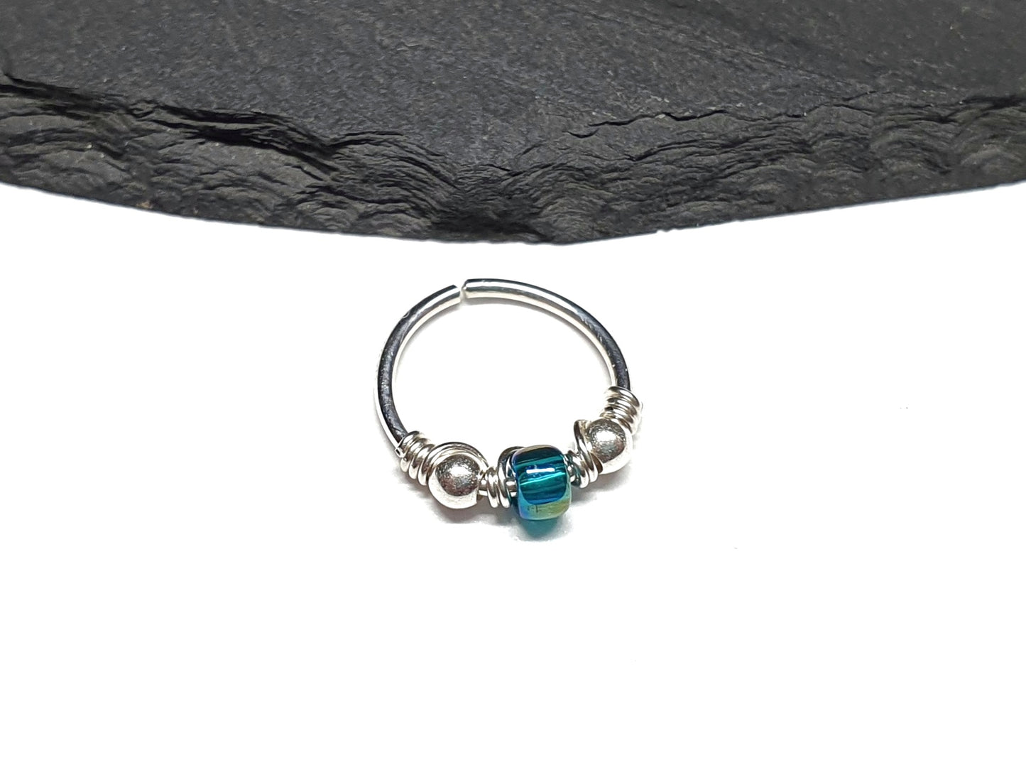 Sterling Silver 20g Beaded Helix Cartilage Nose Seamless Hoop Earring. Rainbow Teal. 8mm or 10mm