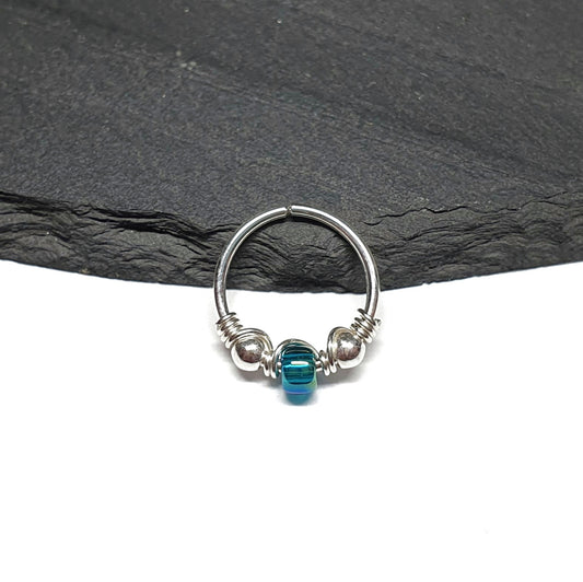 Sterling Silver 20g Beaded Helix Cartilage Nose Seamless Hoop Earring. Rainbow Teal. 8mm or 10mm