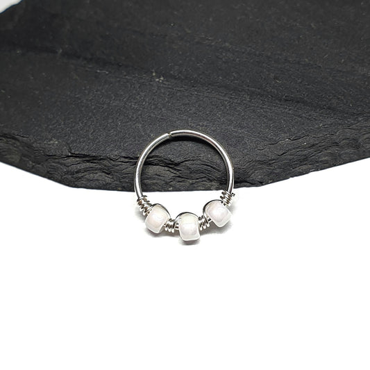 Pearl White Bead Sterling Silver 20g Helix Cartilage Seamless Hoop Earring. 8mm 10mm Inside Diameter.