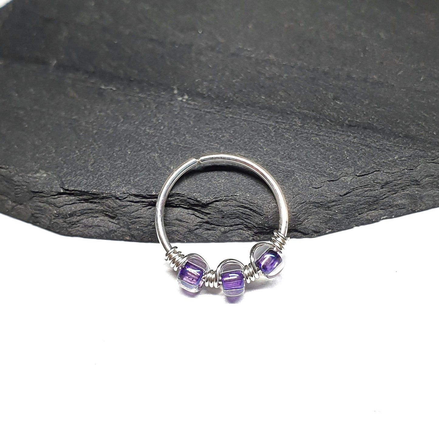 Clear Purple Bead Sterling Silver Cartilage Seamless Hoop. 20g 8mm 10mm Inside Diameter
