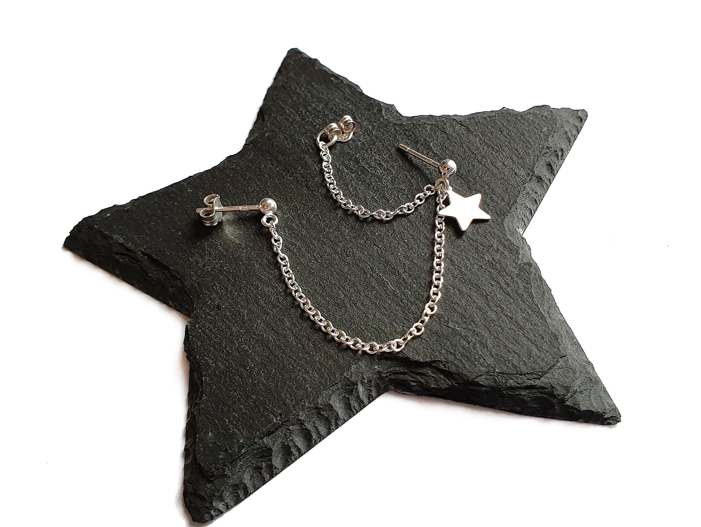 Sterling Silver Star Charm Helix Cartilage to Lobe Double Chain Double Piercing Earring.