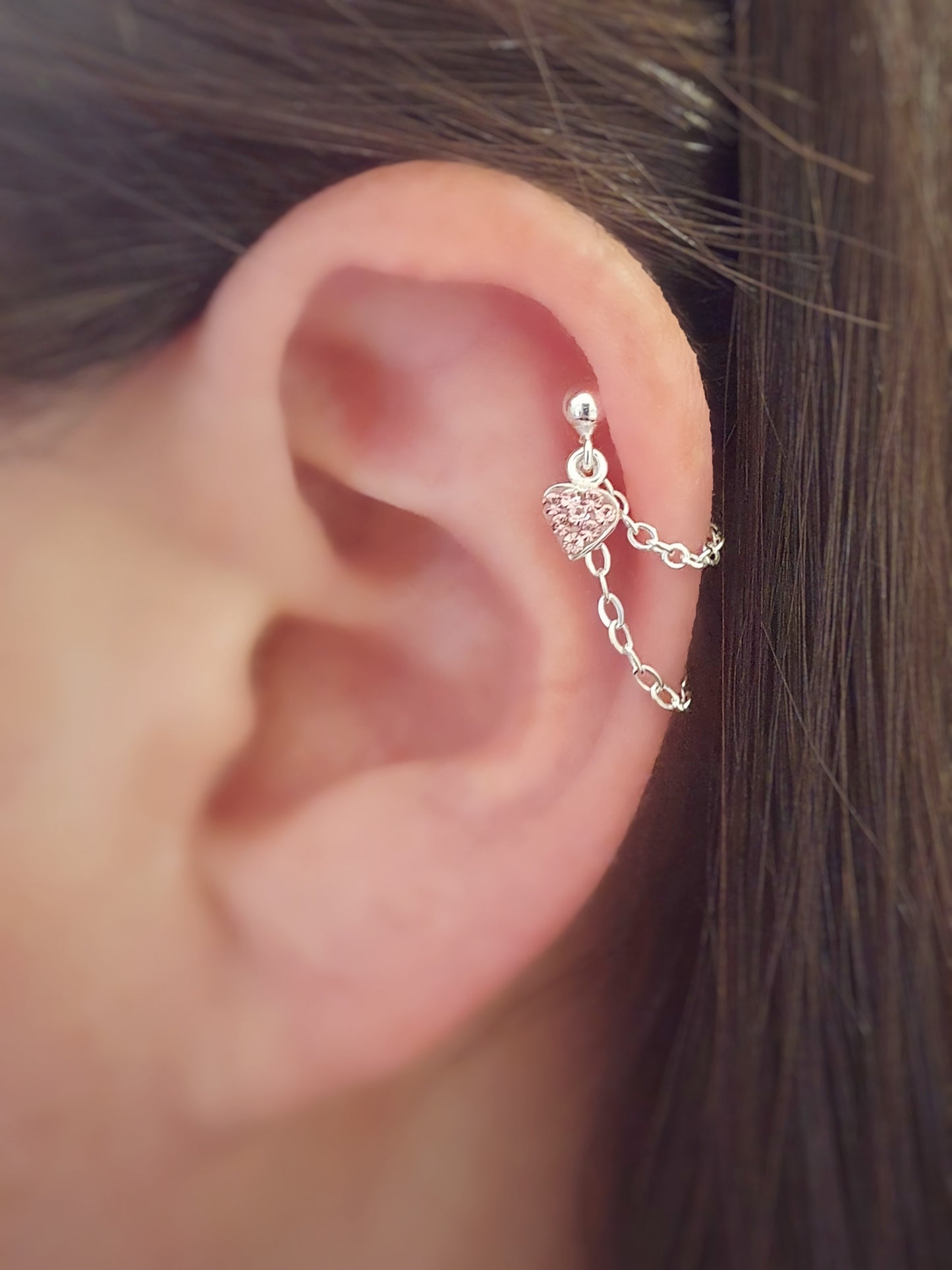 Sterling Silver Pink or Clear Heart Helix Cartilage Earring. Single Earring
