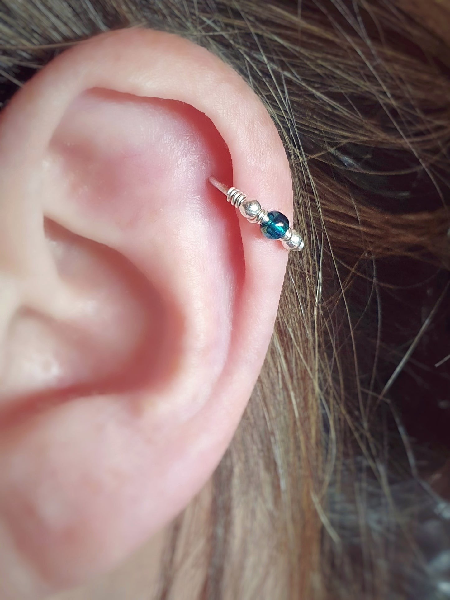 Sterling Silver 20g Beaded Helix Cartilage Nose Seamless Hoop Earring. Rainbow Teal. 8mm or 10mm