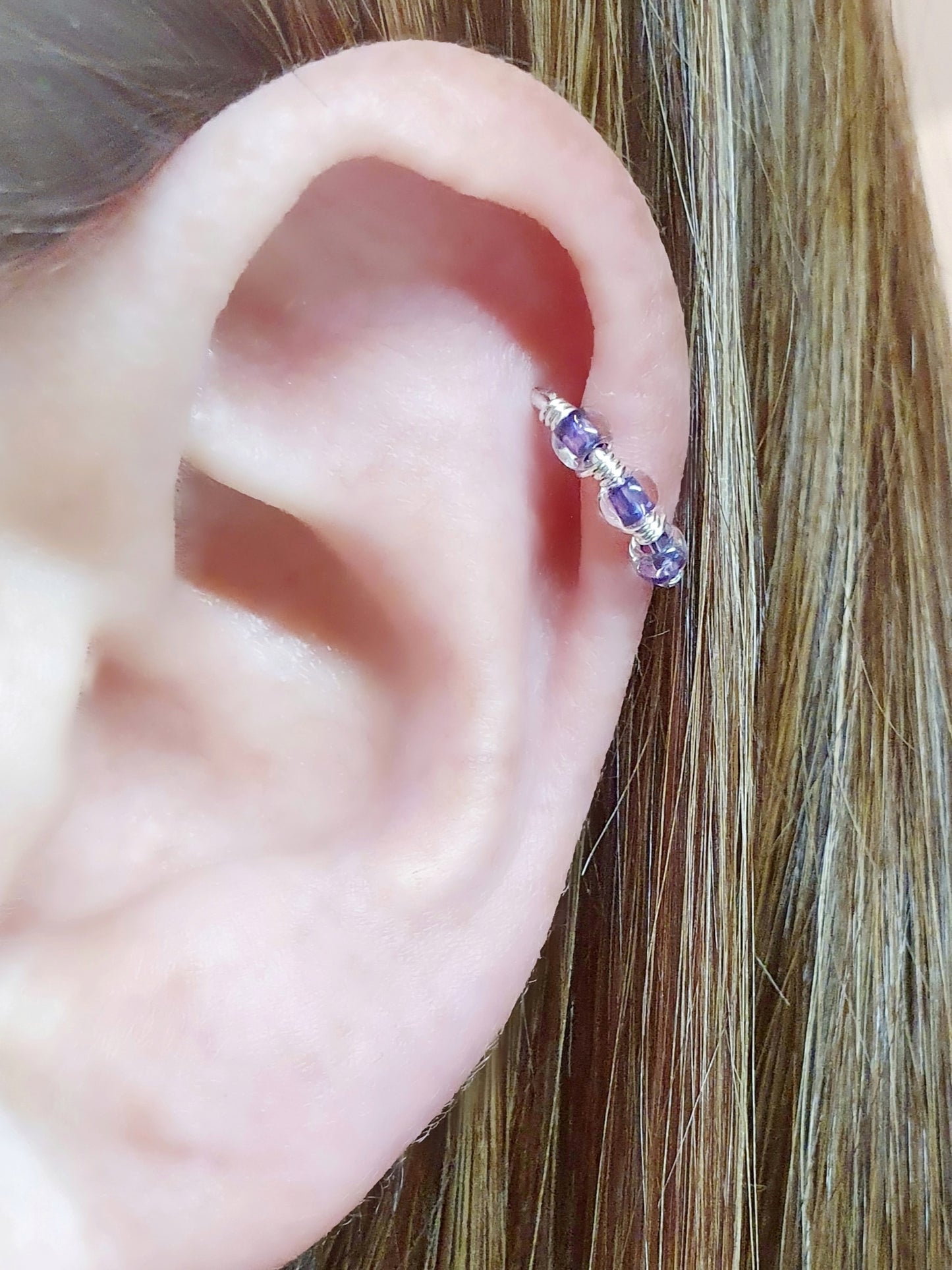 Clear Purple Bead Sterling Silver Cartilage Seamless Hoop. 20g 8mm 10mm Inside Diameter