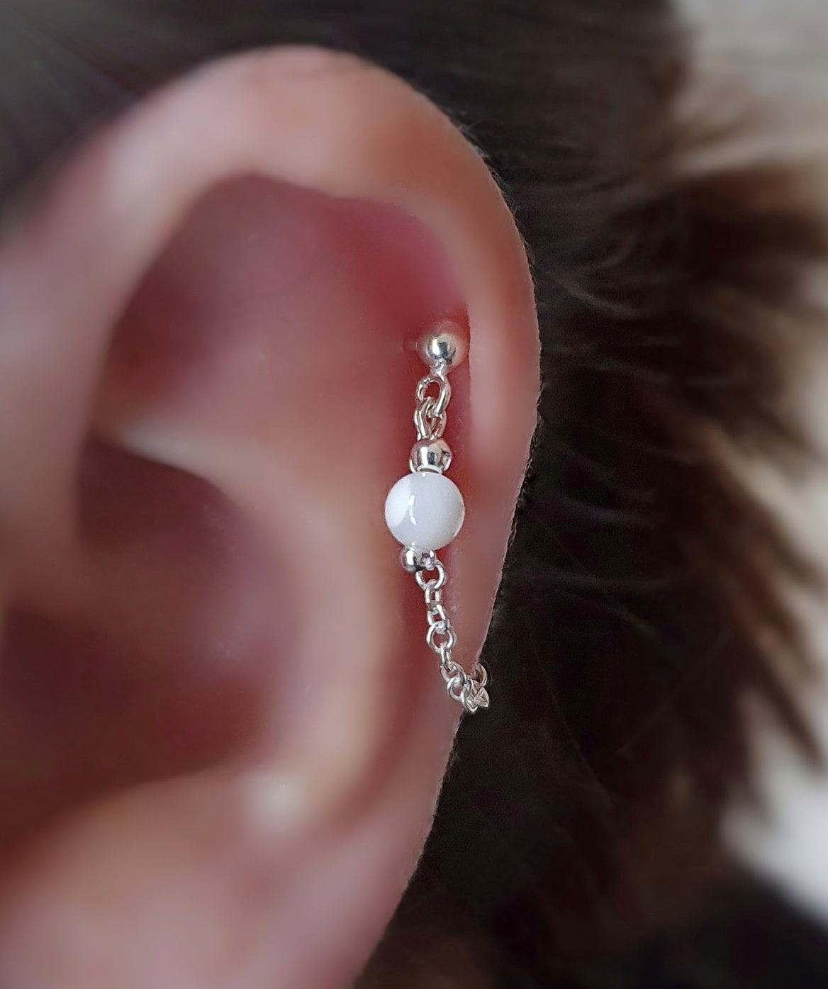Mother of Pearl Bead and Chain Sterling Silver Earring