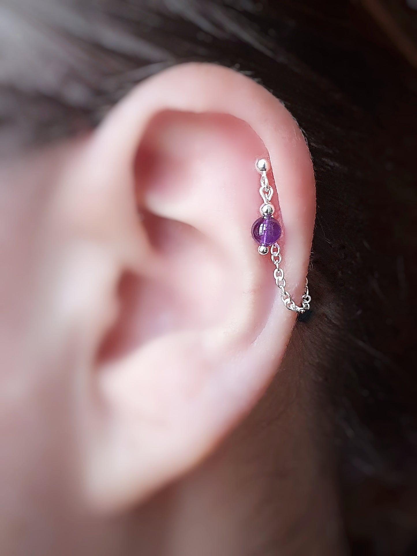 Amethyst Bead and Chain Sterling Silver Earring