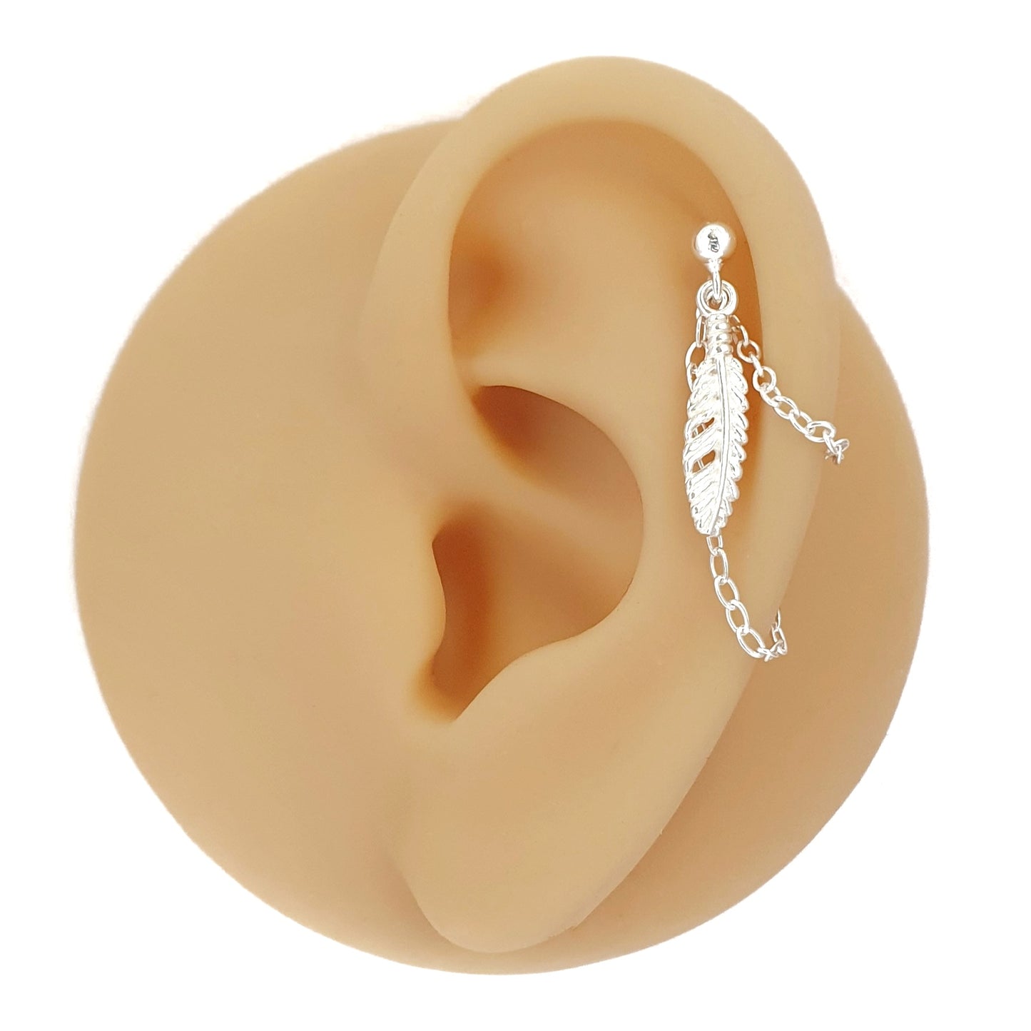 boho feather cartilage chain earring silver