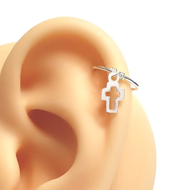 Cross Charm Helix Cartilage Hoop. Sterling Silver. 20g 18g 16g. 8mm 10mm Inside Diameter