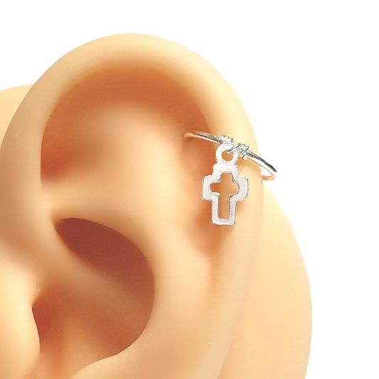 Cross Charm Helix Cartilage Hoop. Sterling Silver. 20g 18g 16g. 8mm 10mm Inside Diameter