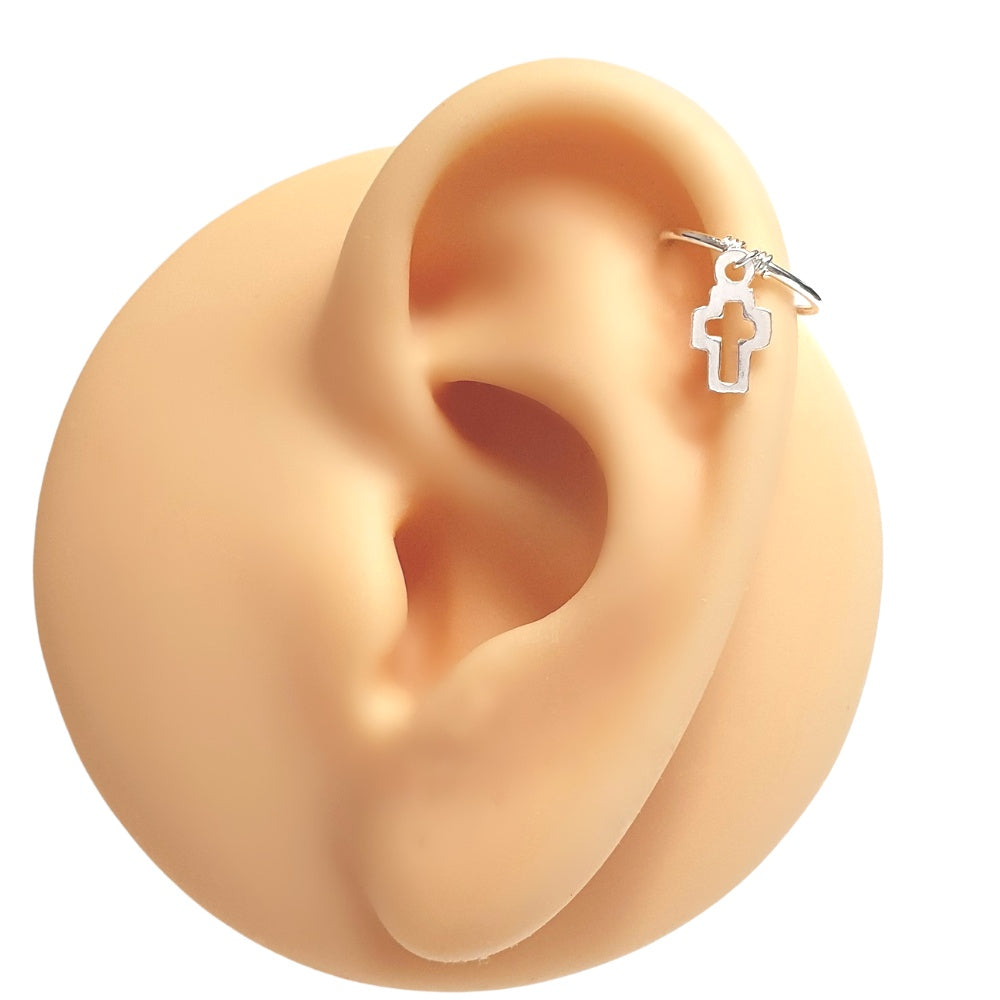 Cross Charm Helix Cartilage Hoop. Sterling Silver. 20g 18g 16g. 8mm 10mm Inside Diameter