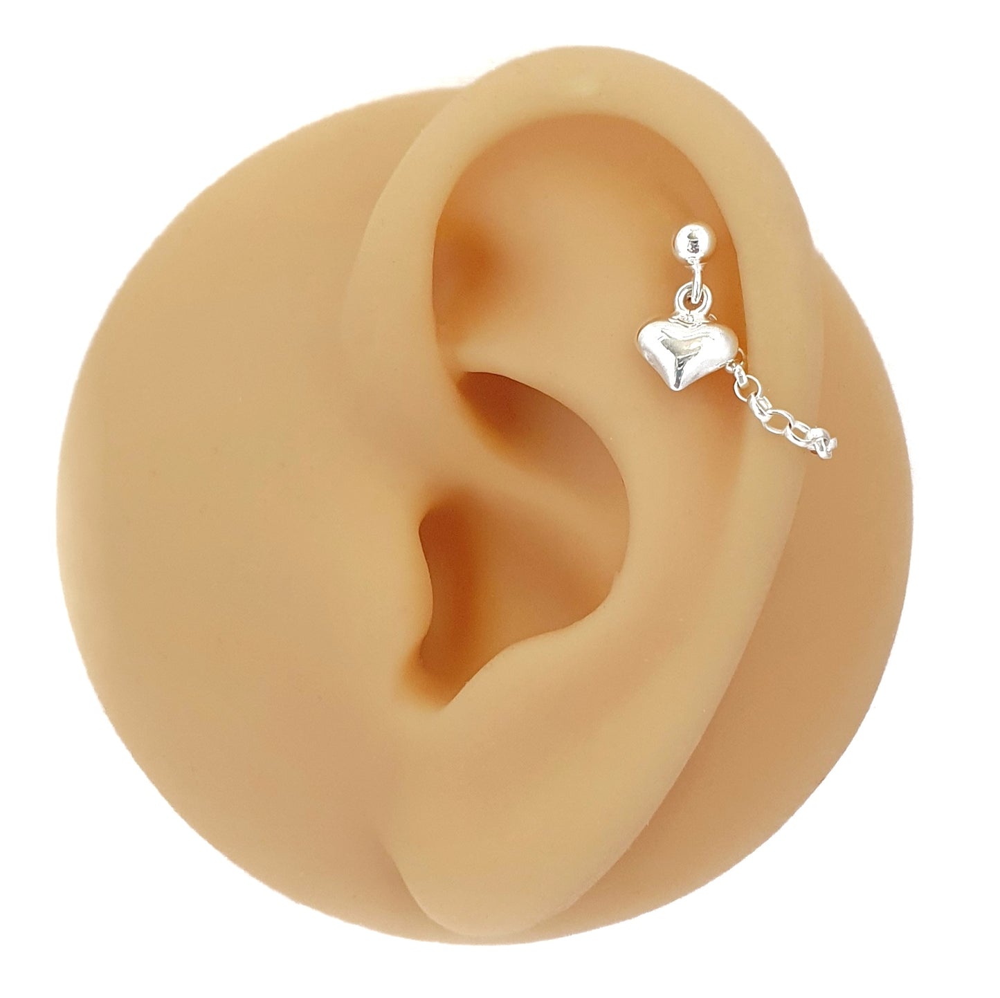 Puffed Heart Helix Cartilage Chain Earring. 925 Sterling Silver