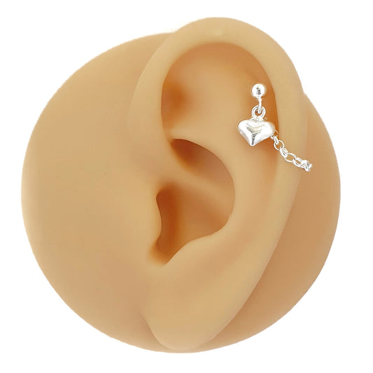 Puffed Heart Helix Cartilage Chain Earring. 925 Sterling Silver