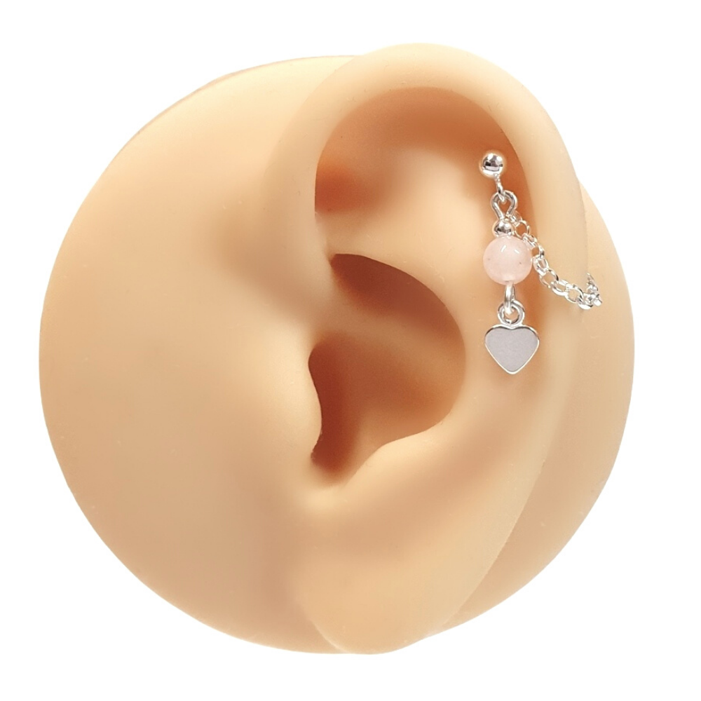 Sterling Silver and Rose Quartz Helix Cartilage Earring. Heart