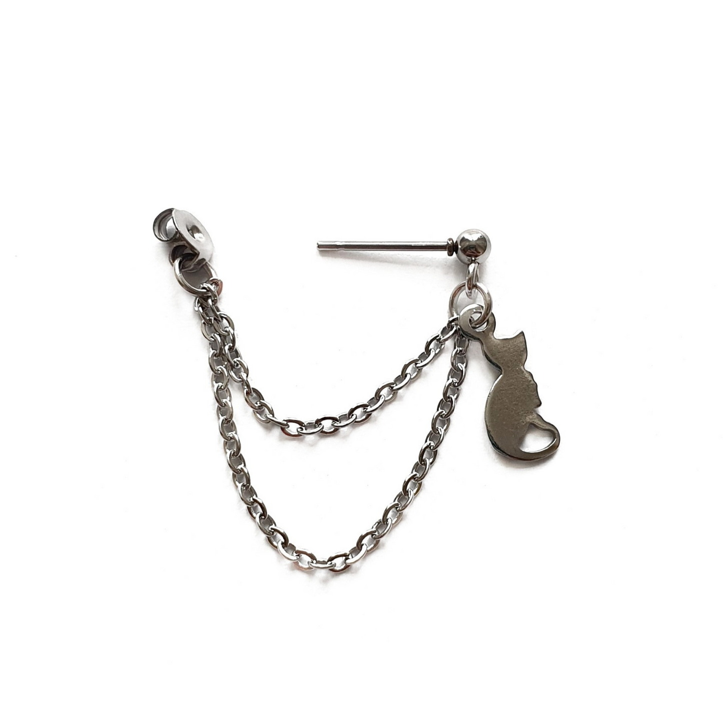 Cat Helix Cartilage Earring. Stainless Steel Double Chain Earring with Cat Charm.