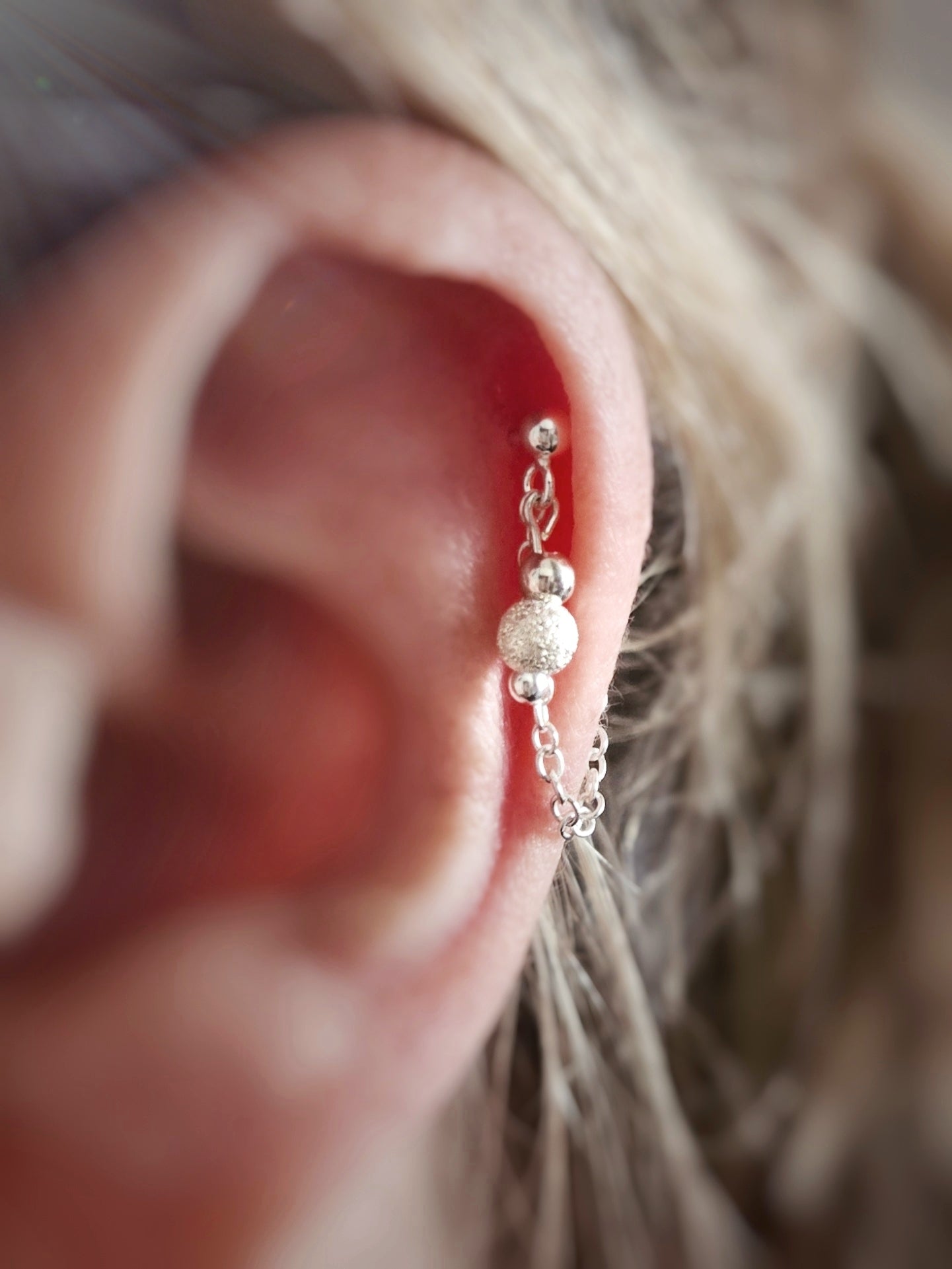 Sparkly Bead and Chain Sterling Silver Helix Cartilage Earring