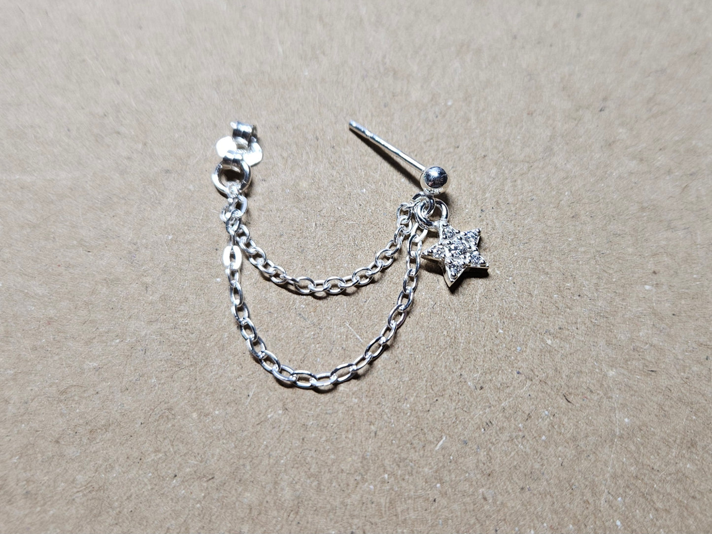 CZ Sparkly Star Sterling Silver Helix Cartilage Chain Earring.