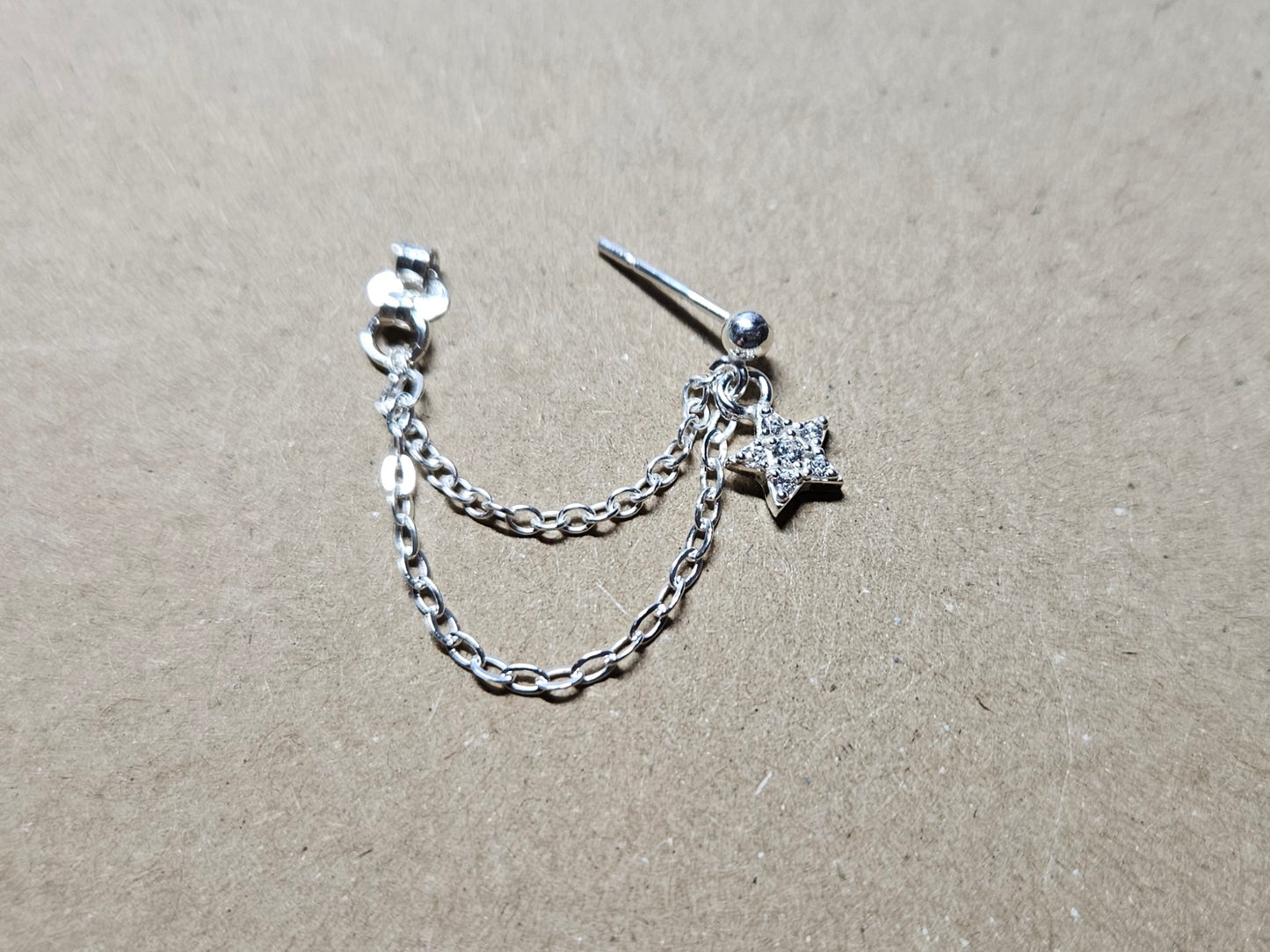 CZ Sparkly Star Sterling Silver Helix Cartilage Chain Earring.