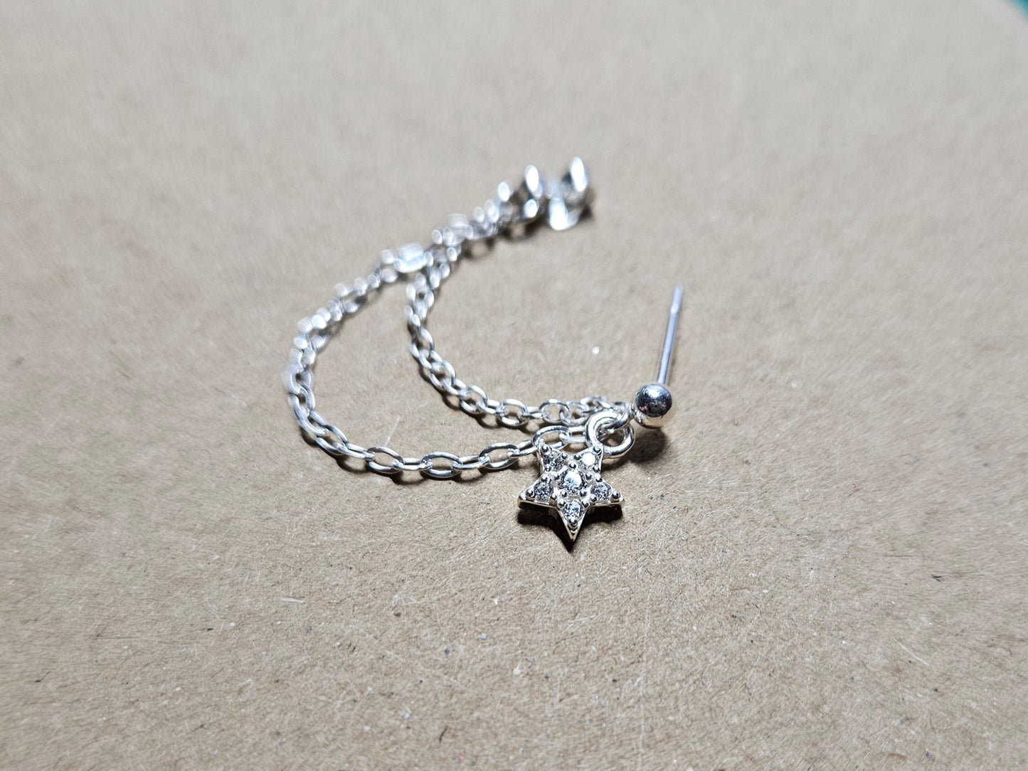 CZ Sparkly Star Sterling Silver Helix Cartilage Chain Earring.