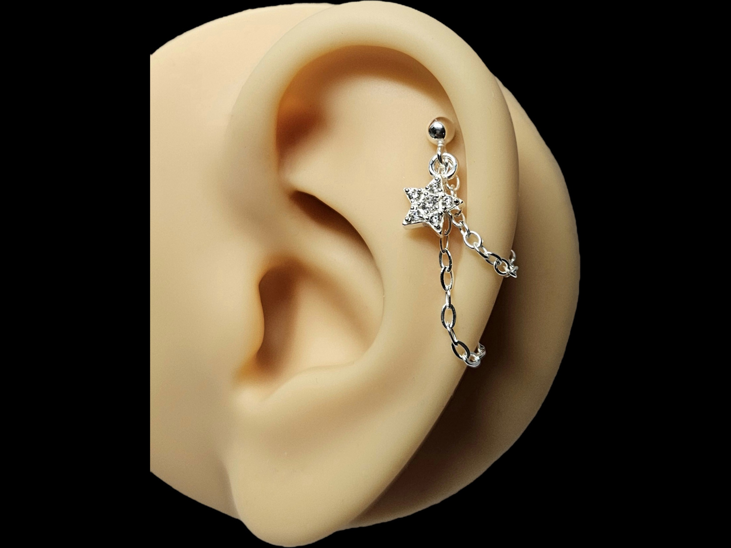 CZ Sparkly Star Sterling Silver Helix Cartilage Chain Earring.