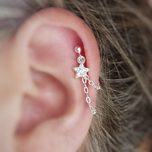 CZ Sparkly Star Sterling Silver Helix Cartilage Chain Earring.
