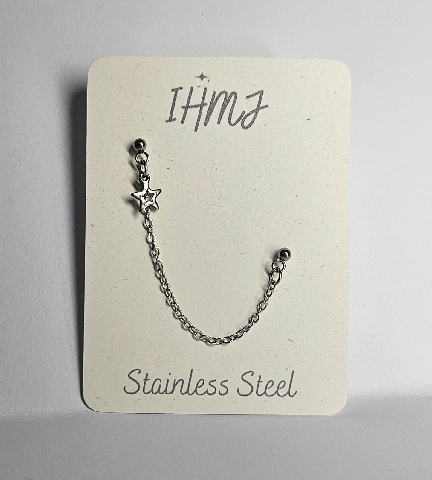 Helix to Lobe Piercing Chain Earring with Hollow Star Charm. Stainless Steel