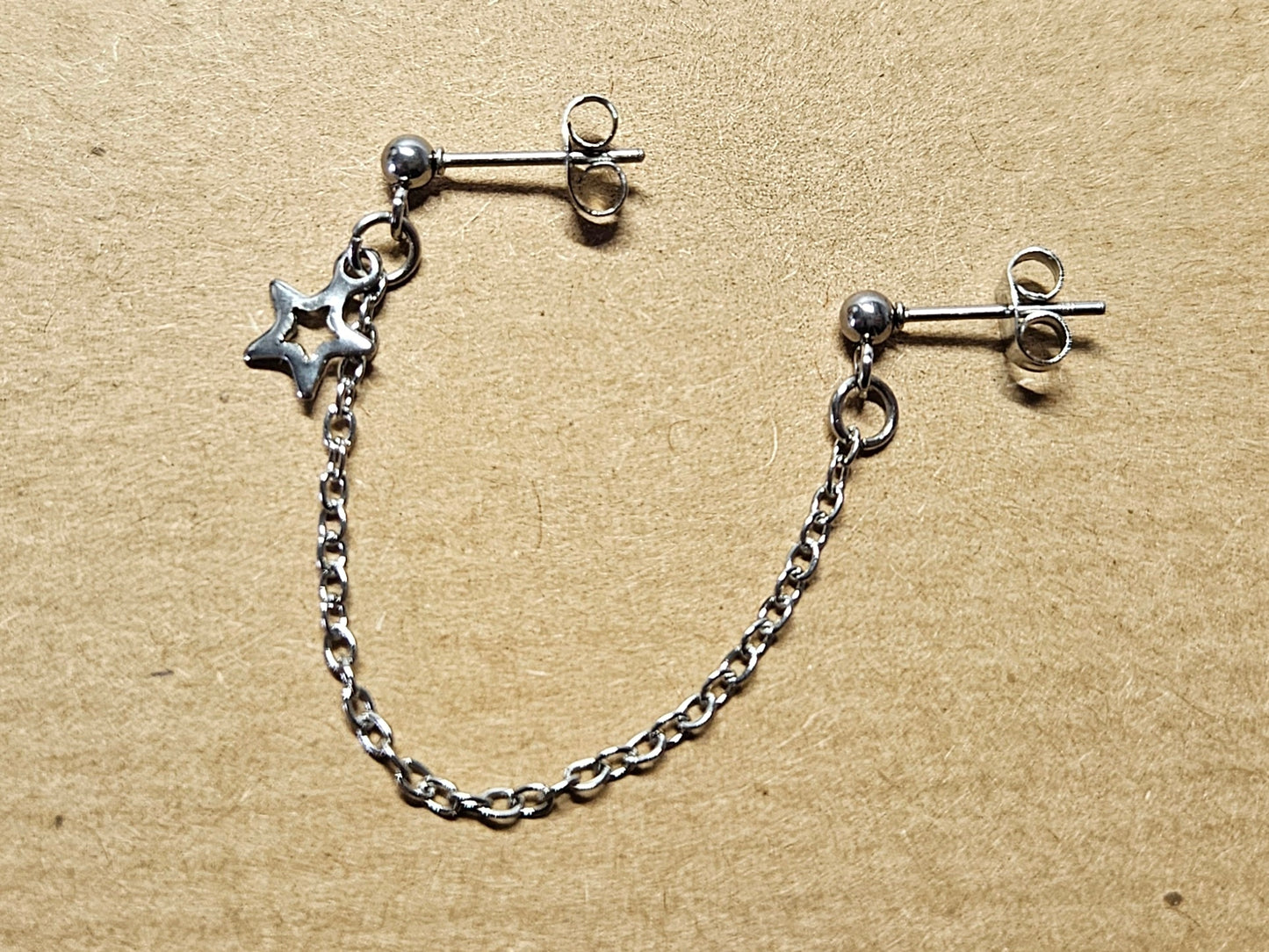 Helix to Lobe Piercing Chain Earring with Hollow Star Charm. Stainless Steel