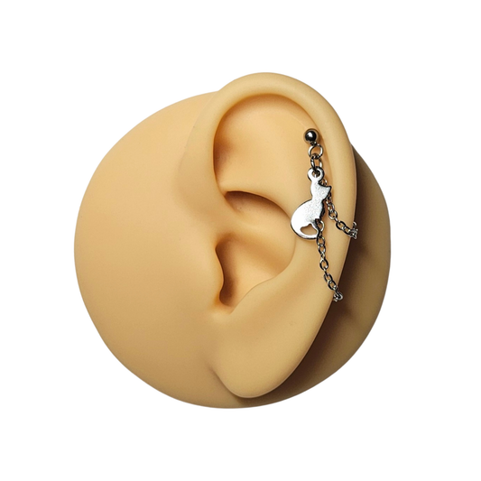 Cat Helix Cartilage Earring. Stainless Steel Double Chain Earring with Cat Charm.