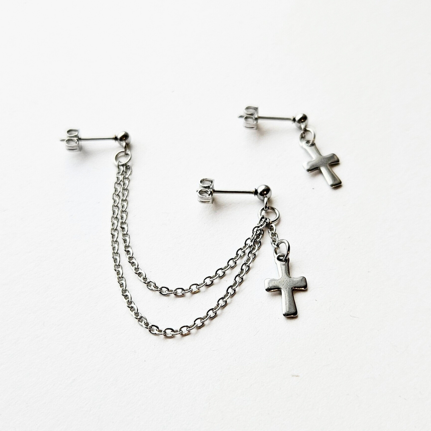 Cross Charm Cartilage Earring Stainless Steel Double Chain to Lobe