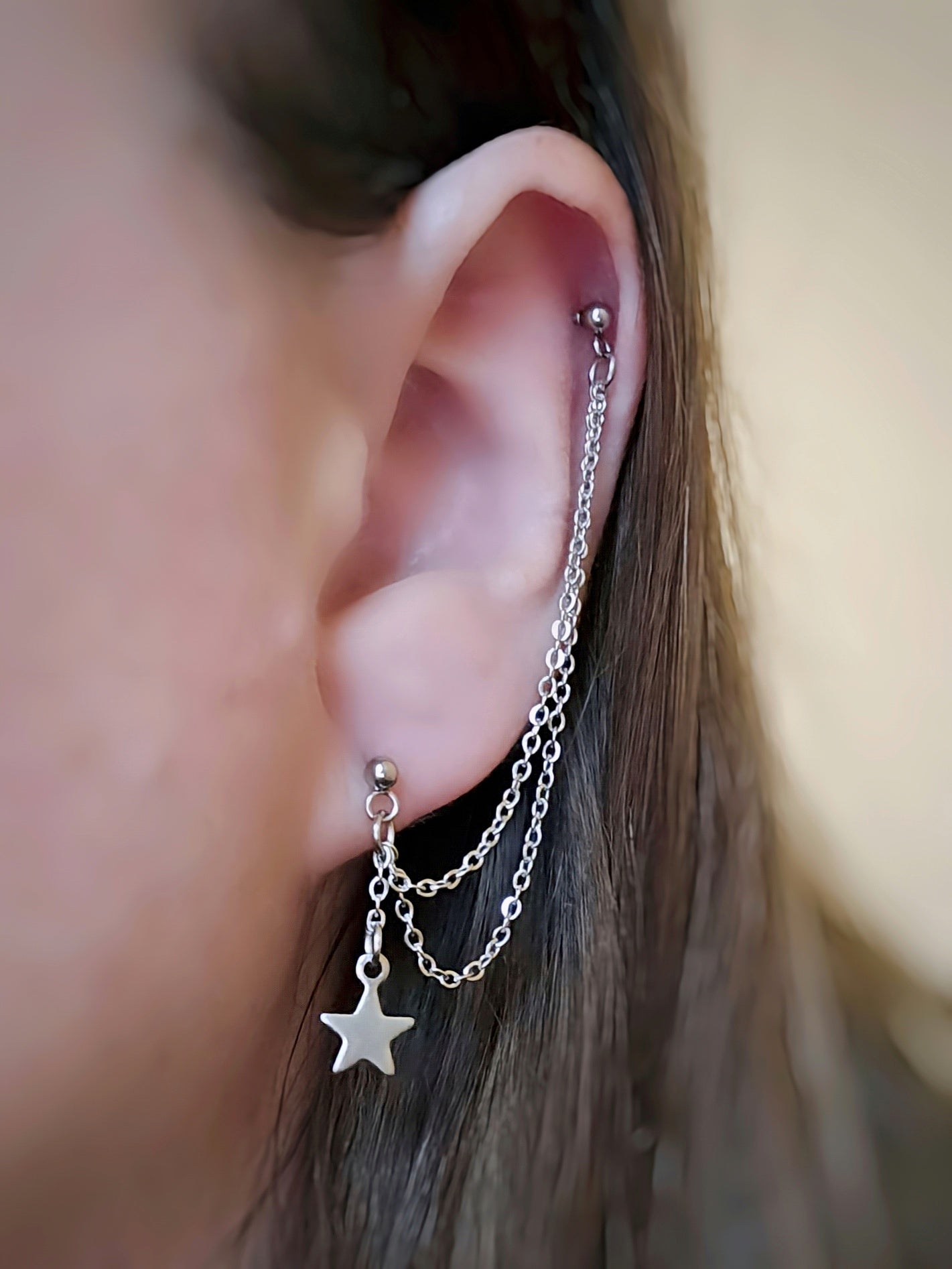 Star Charm Stainless Steel Double Chain Helix Cartilage to Lobe Earring
