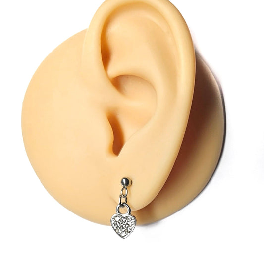 Stainless Steel CZ Heart Dangly Stud Earrings