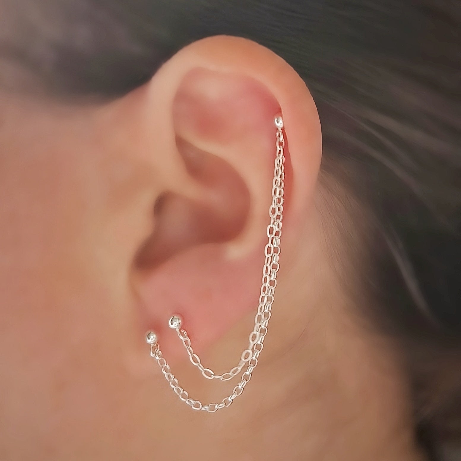 Triple Piercing Helix to Double Lobe Chain Earring. Sterling Silver