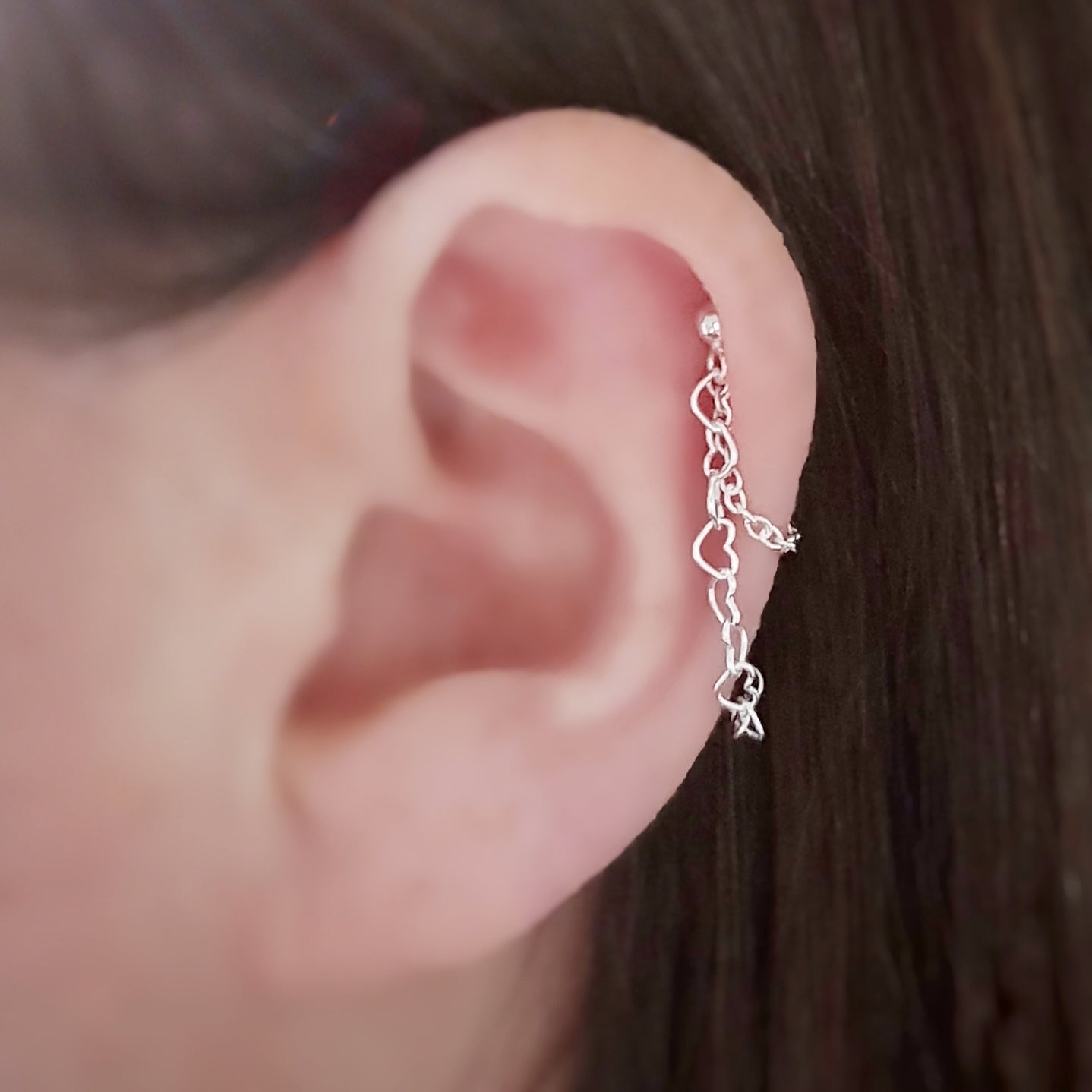 Sterling Silver Heart Chain Helix Cartilage Earring. Single Earring.