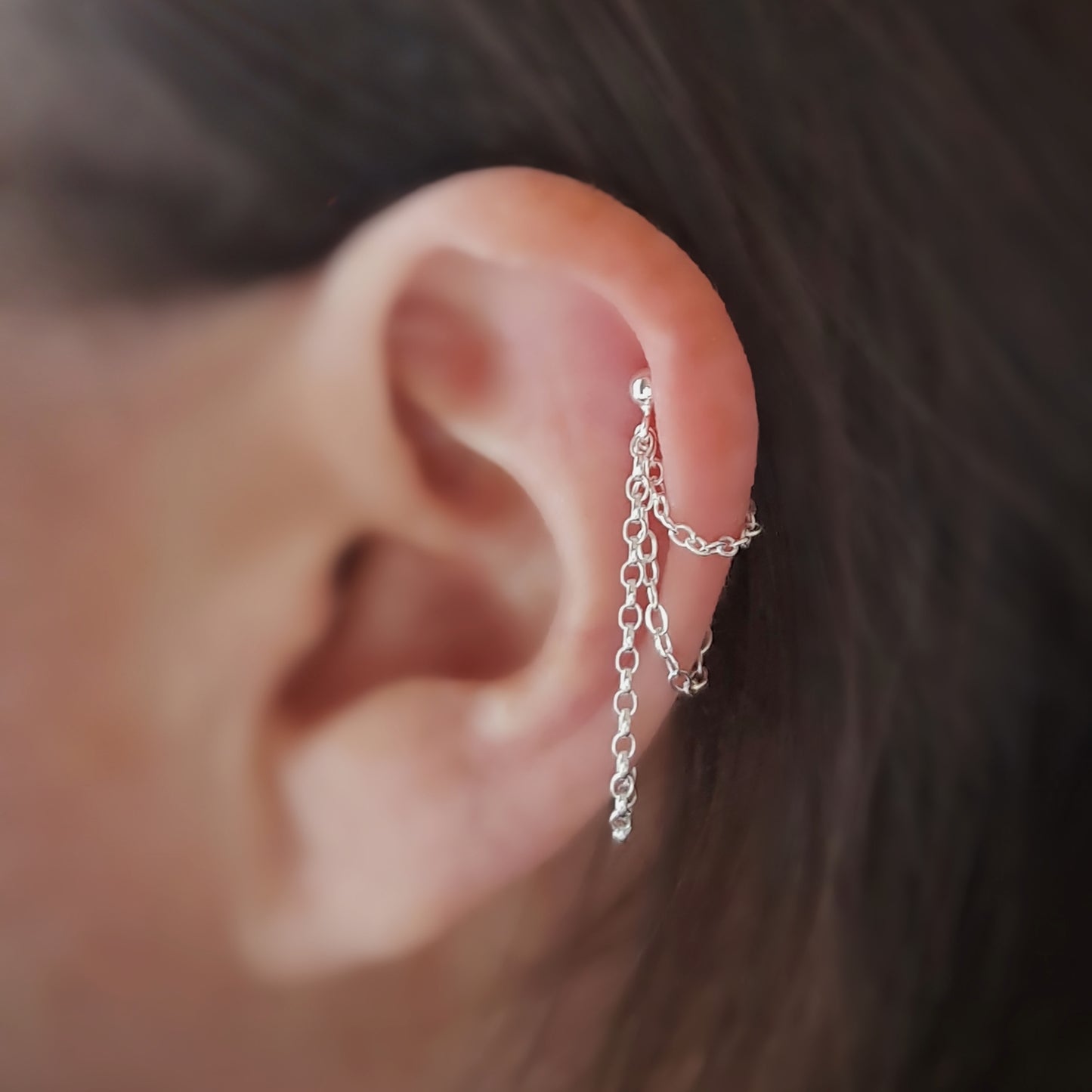 Silver helix triple chain earring