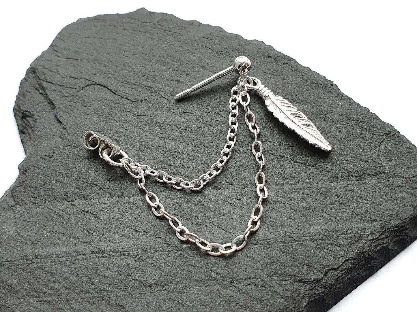 Boho Feather Charm Helix Cartilage Chain Earring. Sterling Silver