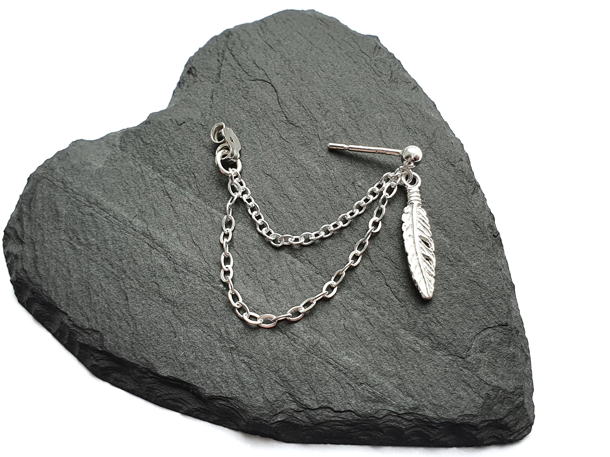 Sterling silver chain earring with feather