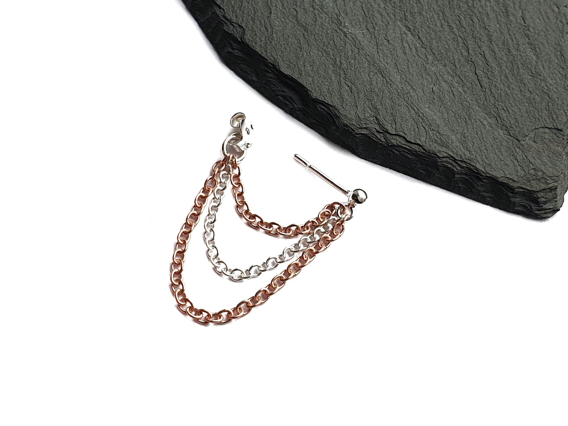 Rose gold silver three chain connector earring