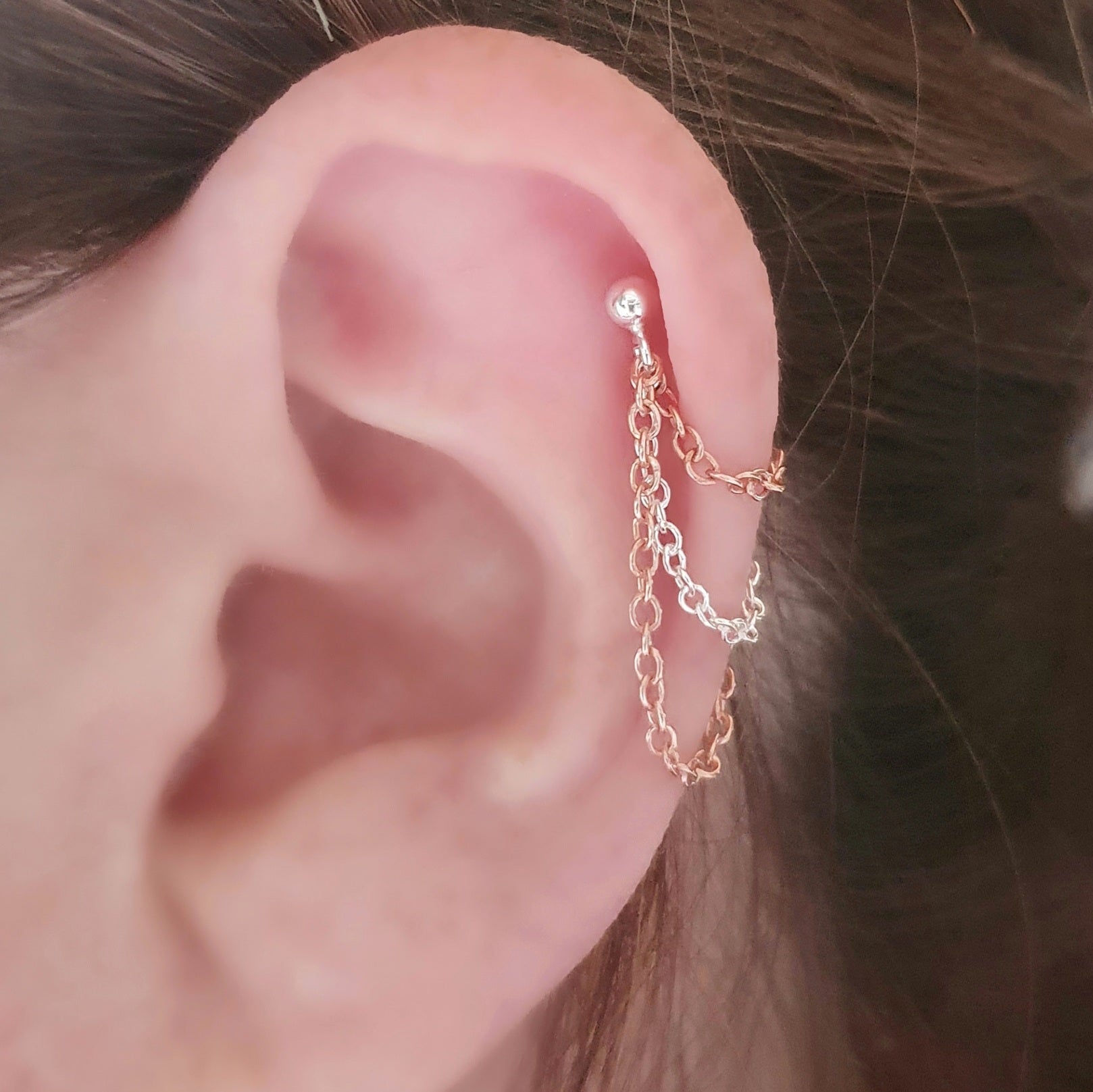 Triple rose gold and silver chain cartilage earring